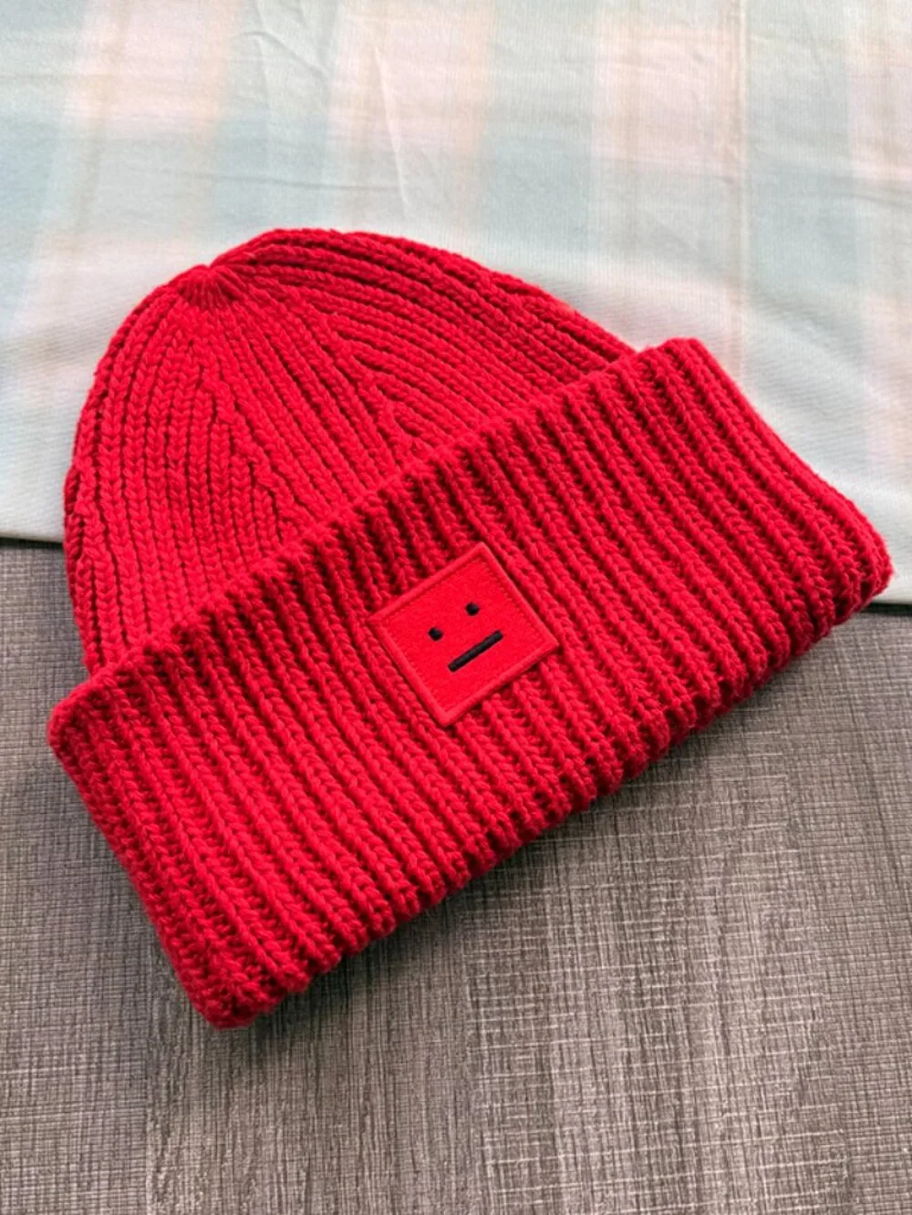 Acne Studios Red Smiley Face Knit Beanie - Picture 6 of 6